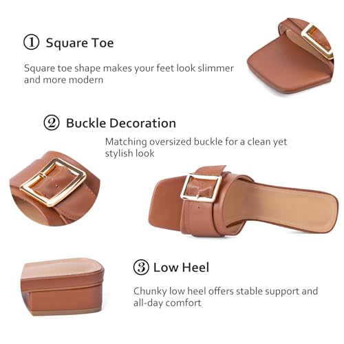 Image of Women's Slide Heeled Sandals Opened Square Toe Chunky Block Heel Slippers with Buckle Slip on Casual Comfortable Pumps