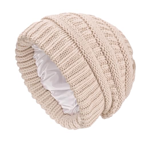 SGQTZDZQ Satin Lined Beanie Hats for Women Warm Slouchy Ladies Winter Hats Classic Fashionable Wooly Cable Knit Skull Cap (UK Alpha One Size Beige)