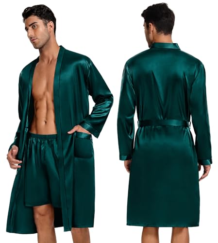 Image of SWOMOG Mens 3 PCS Satin Robe with Pants & Shorts Set Kimono Bathrobe Long Sleeve Sleepwear Pjs Sets with Pockets