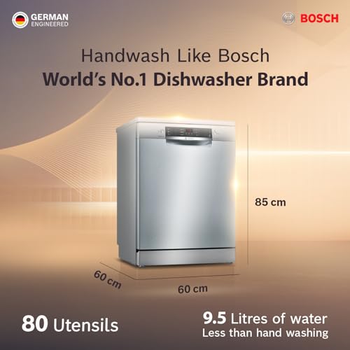 Image of Bosch 15 Place Setting (fits up to 80 utensils) Free-Standing Dishwasher for Indian Utensils | Hygiene+ & Intensive Kadhai Program (SMS46KI03I, Silver Inox, Inbuilt Heater, Removes 99.9% Germs)