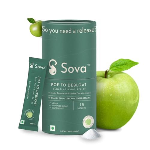Sova Pop To Debloat Powder Prevent Gassiness, Bloating & Discomfort with 10 Billion CFUs for Healthy Digestion | Clinically Researched Prebiotics, Probiotics & Digestive Enzymes | 15 Vegan Sachets