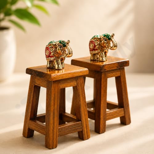 Image of Teakwood Mini Wooden Stool Plant Stand, Small 9.5cm Decorative Pedestal Risers, Handcrafted Teak Wood Candle & Accessory Display Holder for Tabletop Home Decor (Brown, 2pcs)