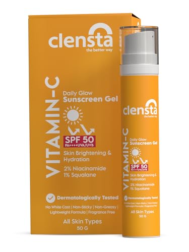 Image of Clensta Vitamin C Daily Glow Sunscreen Gel SPF 50 PA++++ | With 2% Niacinamide, Vitamin C, Hyaluronic Acid & Cica | UVA /UVB Protection | Lightweight, Non-Sticky & No White Cast | For All Skin Types | 50g