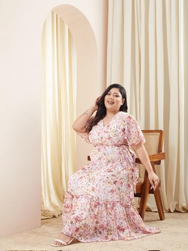 Image of Miss Chase A+ Women's Floral Wrap Chiffon Maxi Dress with Flutter Sleeves Frilled Hem