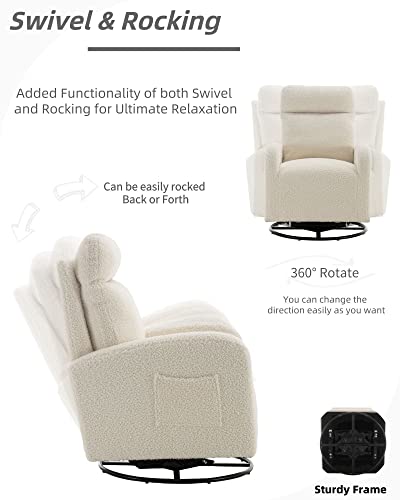 Luccalily Swivel Rocking Chair For Nursery, Upholstered Glider Nursery Chair With Breathable Fabric For Bedroom, Living Room, White Teddy #TOP3
