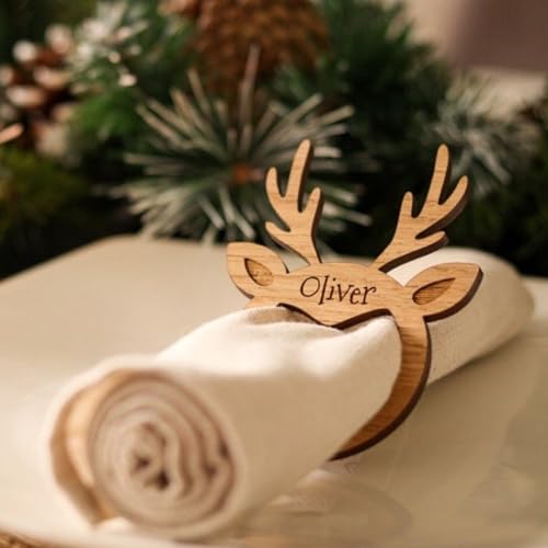 Personalisierte Weihnachtsserviettenringe aus Holz, Rentier, graviert,...