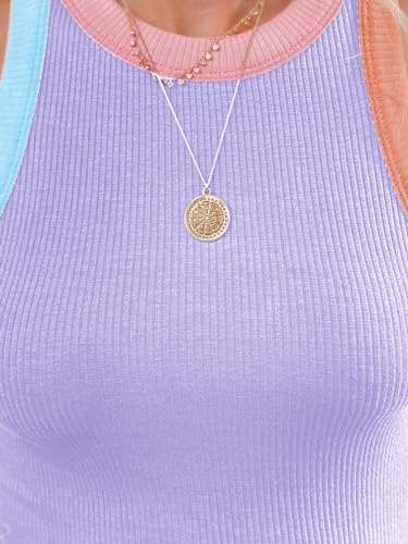 Image of siliteelon Womens Colorblock Racerback Crew Neck Casual Basic Ribbed Fitted Tank Top Sleeveless Camis