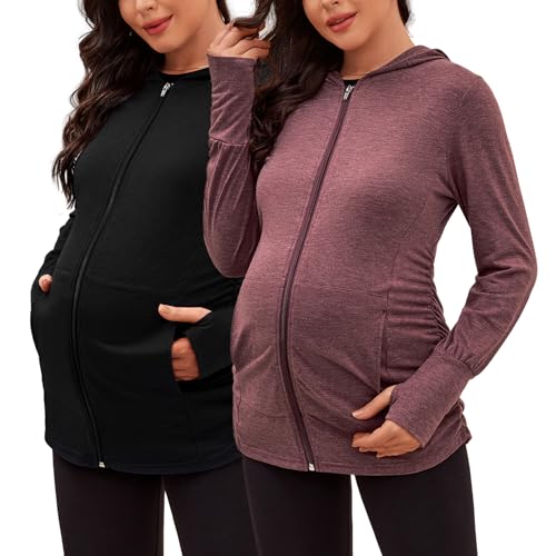 DEBELLY Umstands-Sweatshirt, langärmelig, durchgehender Reißverschluss, lässig, Schwangerschaftsjacke, Oberteil mit Taschen, Daumenloch, seitliche Rüschen, Schwarz und Burgund, L