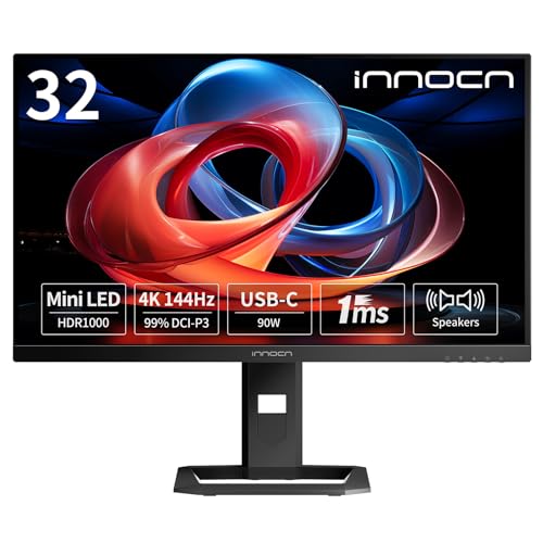 INNOCN 32 Zoll 4K-Monitor, UHD-Mini-LED-Gaming-Monitor, Freesync Premium@Max 144Hz, HDR1000, HDMI, USB-C 90 W, Displayport, integrierter Lautsprecher, Schwarz