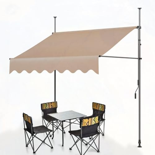 Manual Adjustable Awning, No Drilling Balcony Sun Shade Shelter, Adjustable Waterproof Canopy, Patio Clamp Awning for Gazebo, Garden, Restaurant, Cafe(Color:Beige,Size:300cm)