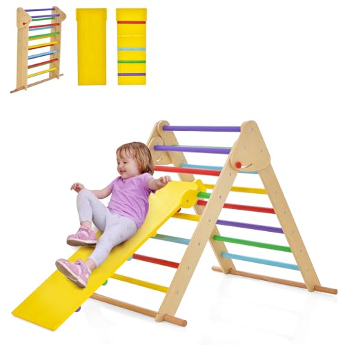 COSTWAY Kletterdreieck mit Rutsche, 3 in 1 Klettergerüst Indoor klappbar, Sprossendreieck Holz, zum Rutschen und Klettern, für Kinder ab 1...