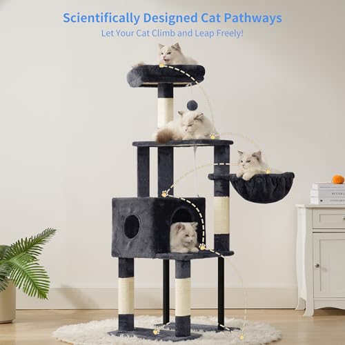 Image of Heybly Cat Tree with Toy, 49.2 inch Cat Tower for Indoor Cats HCT200SG | Spacious Cat House Condo with Hidden Space，Soft Plush Top Perch，Cozy Hammock and Sisal Scratching Posts, Smoky Gray