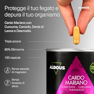 Cardo Mariano Tarassaco e Carciofo con Curcuma e Desmodio - 150 Capsule - 80% di Silimarina - Integratore Detox Fegato e Intestino - Depurativo Fegato - Gonfiore addominale - Cardo Mariano Fegato