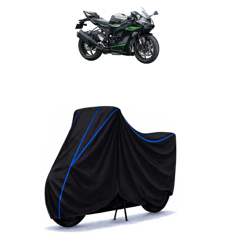 Image of Ninja ZX-6R Bike Cover Water Resistant Universal Motorcycle Rain | Heavy Duty UV Protection, Dust, Scratch Indoor Outdoor All Weather with Black Blue Piping Elastic