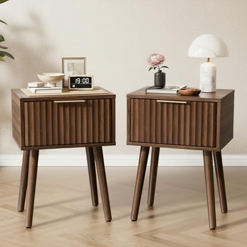 LEADZM Nachttisch 2er Set Nachttische mit 1 Schublade, Nachtschrank für Schlafzimmer, Beistelltisch für Schlafzimmer und Wohnzimmer, 40 x 30 x 55 cm (2, Nussbaumfarbe)