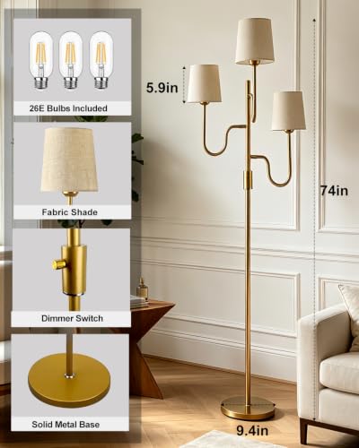 Image of 3-Light Gold Dimmable Floor Lamp with Linen Cone Shades, 3000K Warm White Standing Tall Lamp with Bulbs for Reading, Mid Century Modern Floor Lamp for Living Room Bedroom Sofa Corner Decor