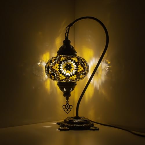 MOSLAND HOME Lampada da tavolo a mosaico con 35 varianti, lampada turca marocchina con base in bronzo, lampada da notte Tiffany fatta a mano a collo di cigno | Lampada da notte da comodino in vetro