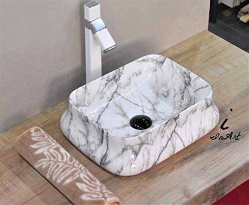 Image of InArt Designer table top wash basin for bathroom /bathroom sink /cabinet wash basin /ceramic basin /counter top basin /vanity washbasin in White Satvario Color 18 x 14 x 5.5 Inch