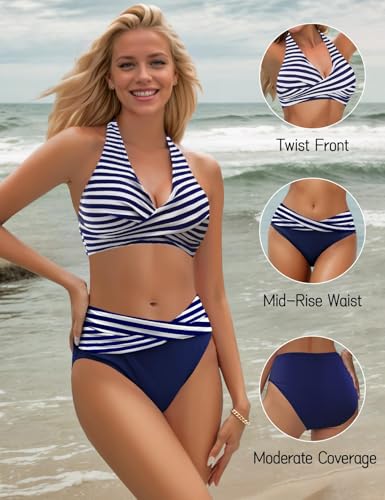 Image of Sopliagon Women's Bikini Sets Twist Front Two Piece Swimsuit Halter Bathing Suit