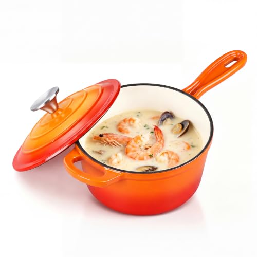 E-far Enameled Cast Iron Sauce Pan with Lid, 2 Quart Dutch Oven Pot