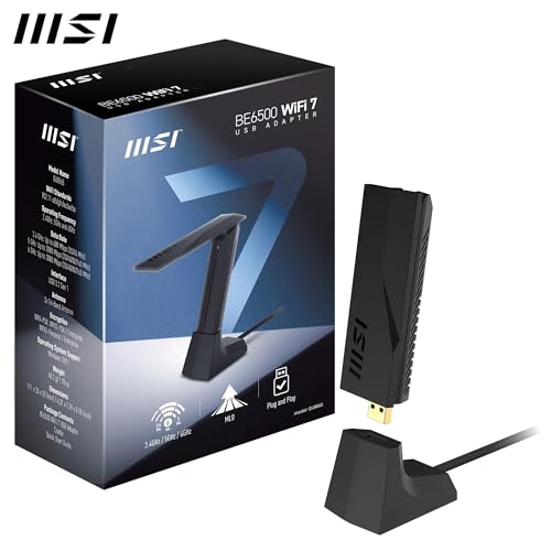 MSI BE6500 WiFi 7 USB Adapter - WLAN up to 2880 Mbps (6GHz, 5GHz, 2.4GHz Wireless), USB 3.2 Gen 1, MU-MIMO, 2X High-Gain Tri-Band Antennas, Beamforming, WPA3 - Cradle Included - image 6
