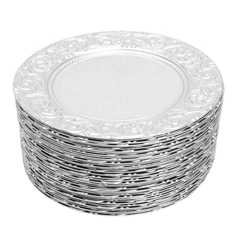 Round Charger Plates, Reusable Serving Plates, 100 Pcs Reef Charger Plates Bulk, 13'' Plastic Embossed Dinner Plate Chargers Round Floral Plates for Wedding Party, Holiday Event Supplies (Sliver)