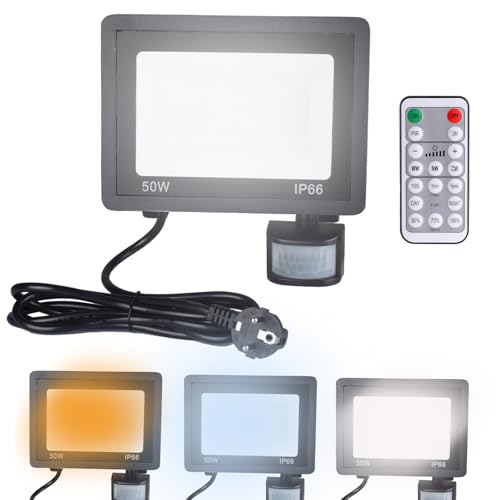 Etrogo 50W Projecteur LED Exterieur Spot Avec Détecteur de Mouvement 3000K 4500K 6000K Dimmable 5000LM avec Télécommande e Prise EU,IP66 Etanche pour Jardin...