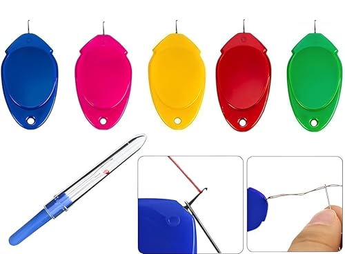 Image of Needle Threader, Small Needle Eye Threader Tool, Easy Threader for Machine and Hand Sewing, Threading, Ideal for Needlework, with Transparent Box, Color Random (6pcs) (2+3 T Box + B Cutter 1+ SR 2)