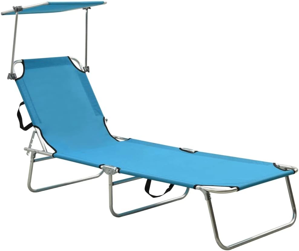 Foldable Sunlounger, Pool Lounge Chair, Outdoor Chaise Lounge Chair, Patio Reclining, for Easy Storage and Transport, with Canopy Blue Aluminum