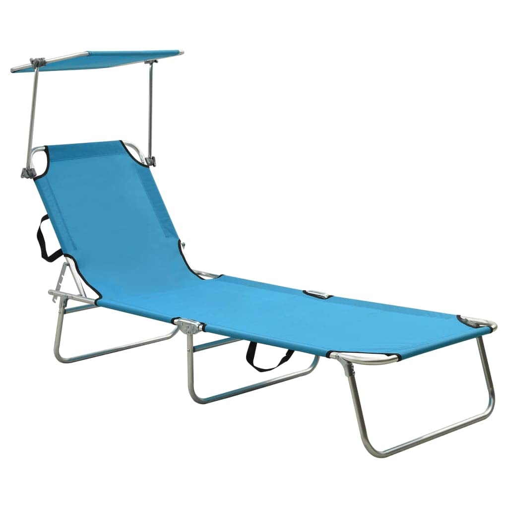 Składany leżak z daszkiem przeciwsłonecznym, niebieski, aluminiowy leżak ogrodowy, składany, regulowany, ergonomiczny leżak relaksacyjny na taras, balkon, basen, do użytku na zewnątrz