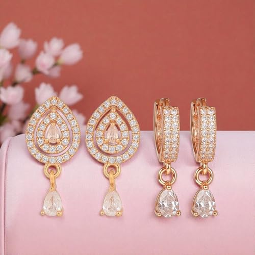 Image of Nilu's Collection 18k Rose Gold Plated Clip On Hoop Earrings, Stylish Women Earrings, Fancy Zircon Copper Bali Earrings for Women and Girls (Drop design)
