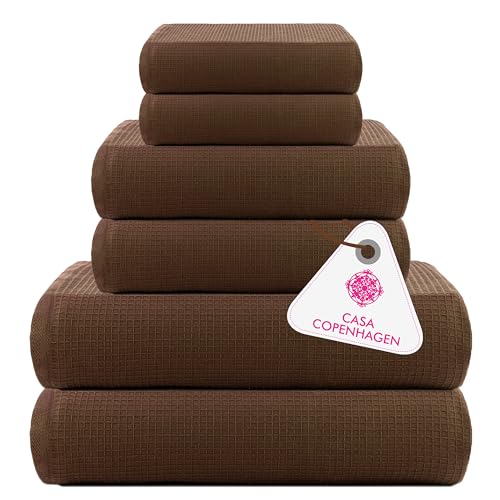 Image of Casa Copenhagen, Egyptian Cotton - Waffle Terry Towel 6 Piece Set, Includes 2 Bath Towels 2 Hand Towels 2 Washcloths - Brown