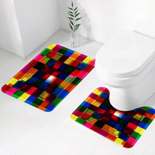 FEHWI Set Tappeti Bagno 2 Pezzi in Microfibra - Tappetino da Bagno Morbido e Antiscivolo - Durevole e Assorbente,Vivido mosaico di quadrati sovrapposti che si intersecano in una moltitudine di to