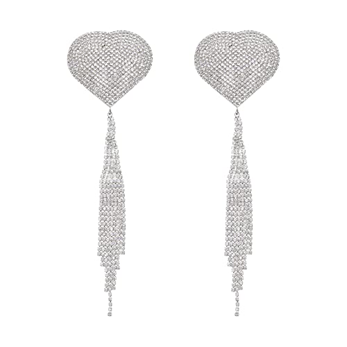 Image of ZGMYC Sparkly Rhinestones Metal Chain Nipple Cover with Tassel, Reusable Adhesive Pasties Sexy Bra Body Chain