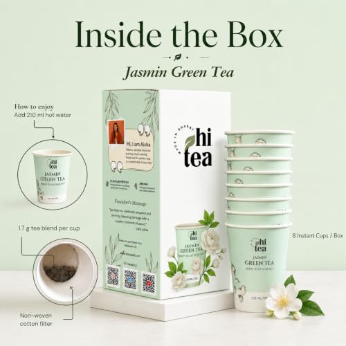 Image of HI TEA Jasmine Green Tea | Just Add Hot Water | Instant Green Tea Cups | 8 Cups /Box