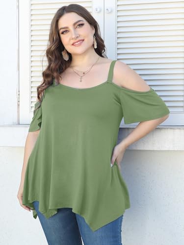 Image of LARACE Cold Shoulder Tops for Womens Summer Clothes Spaghetti Strape Tunic Oversized Shirts Asymmetrical Plus Size Blouse