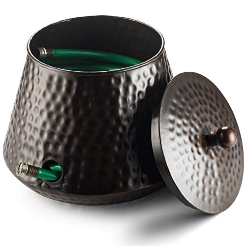 LifeSmart Decorative Garden Hose Pot Storage Holder with Lid Copper Finish 12 x 16 Inches
