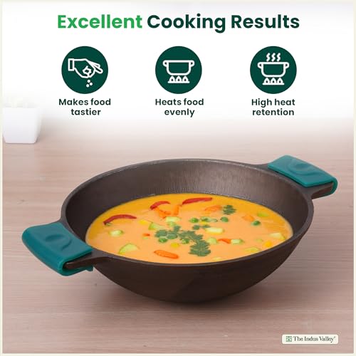The Indus Valley Pre-Seasoned Super Smooth Cast Iron Kadai/Kadhai for Cooking and deep Frying | Gas Stove and Induction Friendly (10 Super Smooth Kadai + Silicon Handel)