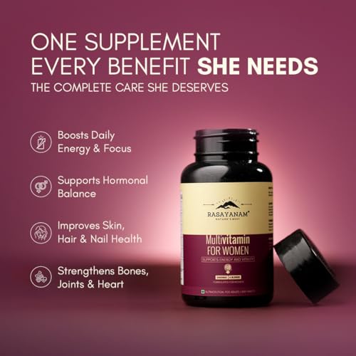 Image of Rasayanam Multivitamin for Women | 55 Ingredients with 100% RDA of Essential Vitamins & Minerals | Energy, Hair, Skin, Hormonal, Bone & Immunity Support | Daily Multivitamin Tablets for Women With Collagen & Antioxidants Blend - 60 Tablets