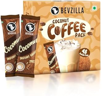 Bevzilla 48 Instant Coffee Powder Sachets (Coconut) - 96 Grams | Makes 48 Cups| Arabica Coffee| Easy To Carry| Best For Espresso, Latte, Cappuccino|Enjoy Hot & Cold Coffee