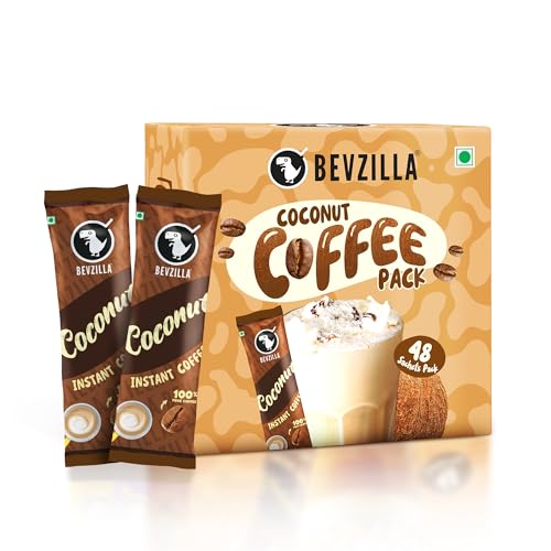 Bevzilla 48 Instant Coffee Powder Sachets (Coconut) - 96 Grams | Makes 48 Cups| Arabica Coffee| Easy To Carry| Best For Espresso, Latte, Cappuccino|Enjoy Hot & Cold Coffee