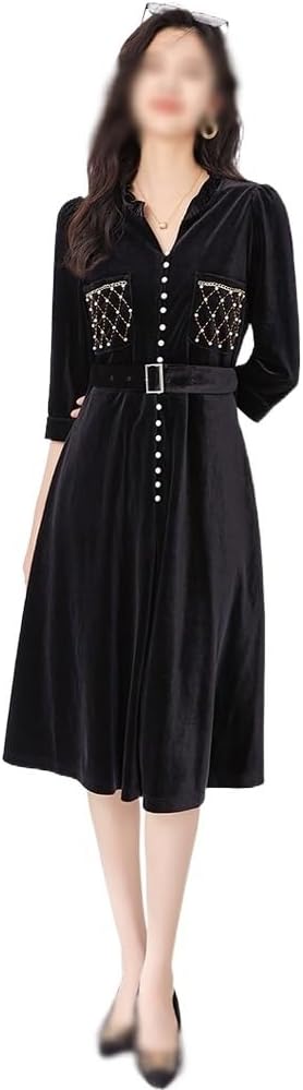 JSEIAJB Autumn Socialite Heavy Industry Nail Bead Velvet Slimming Dress for Children's Wear