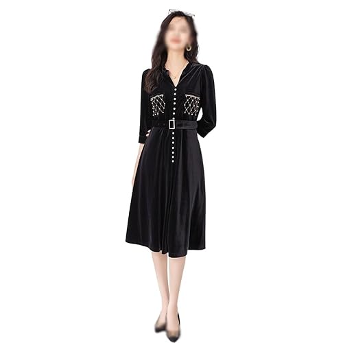 JSEIAJB Autumn Socialite Heavy Industry Nail Bead Velvet Slimming Dress