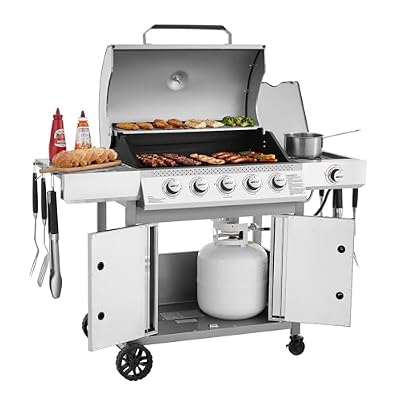 Royal Gourmet GE5001S 5-Burner Gas Grill with Side Burner in Silver, 59,000 BTU, 603 Sq. In. Cooking Area, Side Shelf & Side Burner, Outdoor Gas Grill for Backyard Cooking, Silver