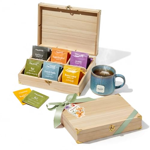 Thoughtfully wooden tea gift set with 90 tea bags and a bow