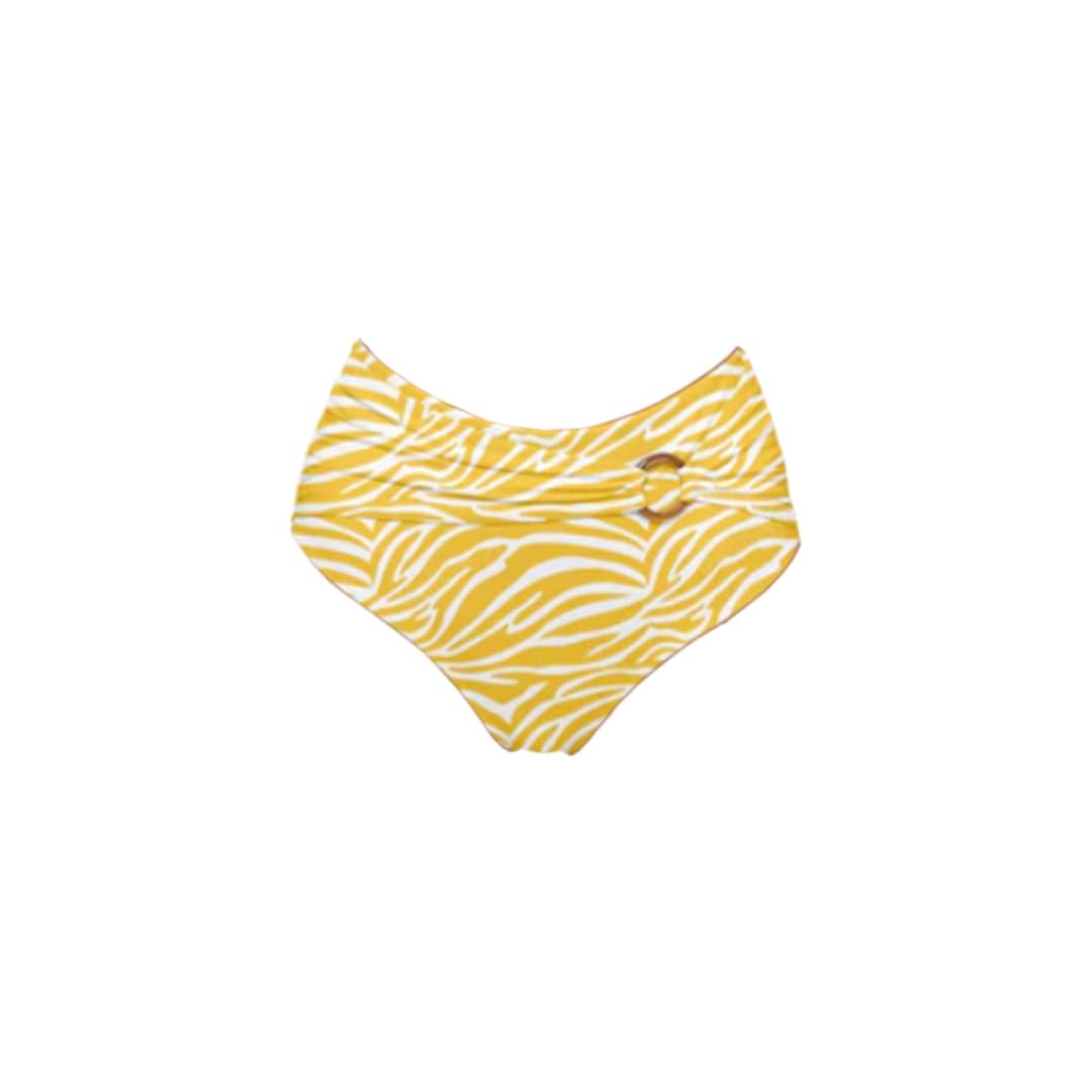 High-Waisted Bikini Bottom with Hardware Detail, Yellow Zebra Print, Medium Coverage
