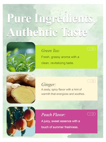 Image of LOOMICA Ginger Peach Green Tea, Caffeinated, Pastoral & Spicy Soothing Blend with Green Tea, Ginger, and Juicy Peach Flavor, Individually Wrapped Bags, 20 Counts