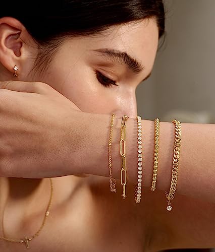 Image of DEARMAY Gold Bracelets for Women Waterproof Stackable Dainty 14K Gold Plated Rope Cuban Snake Paperclip Figaro Link Chain Pack Bracelet Adjustable Non Tarnish Fashion Accessories Jewelry Sets Gifts for Womens Mom
