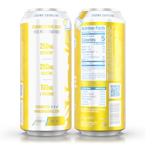 Image of RYSE Fuel Energy Drink - Frosted Lemonade - Sugar Free - 200mg Natural Caffeine, New Formula to Supports Cognitive Health & Improves Focus - No Artificial Colors - 16 fl oz Cans (12-Pack)