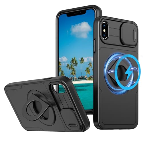 LXHGrowH Funda para iPhone XS MAX [Compatible con MagSafe], Carcasa Protectora Antigolpes de Grado Militar [360°] Magnética Soporte, con Protección Deslizante para la Cámara, Negro